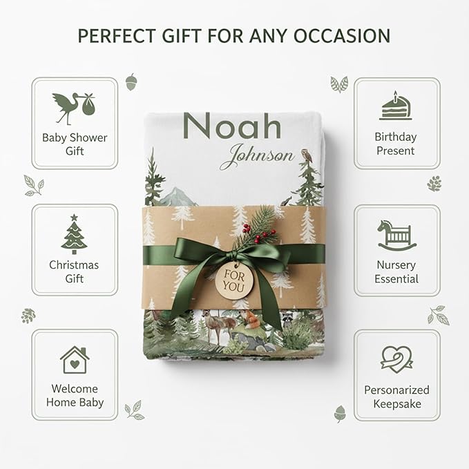 Personalized Woodland Baby Blanket with Name, Custom Name Blanket for Boy, Printed in USA, Super Soft Blankets for Newborn, Customized Gifts for Baby Shower Birthday Christmas