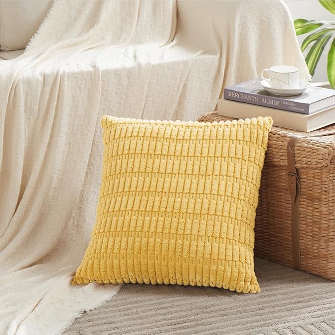 Fancy Homi 2 Packs Yellow Decorative Throw Pillow Covers 18x18 Inch for Living Room Couch Bed Sofa, Rustic Farmhouse Boho Home Decor, Soft Striped Corduroy Square Cushion Case 45x45 cm
