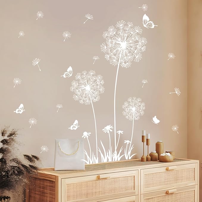 2 Sheets Dandelion Wildflower Wall Decals Art, Wall Stickers Peel and Stick Floral Butterflies Flying Decor for Girls Kids Women Baby Nursery Living Room Bedroom Bathroom Hallway Stairwell (White)