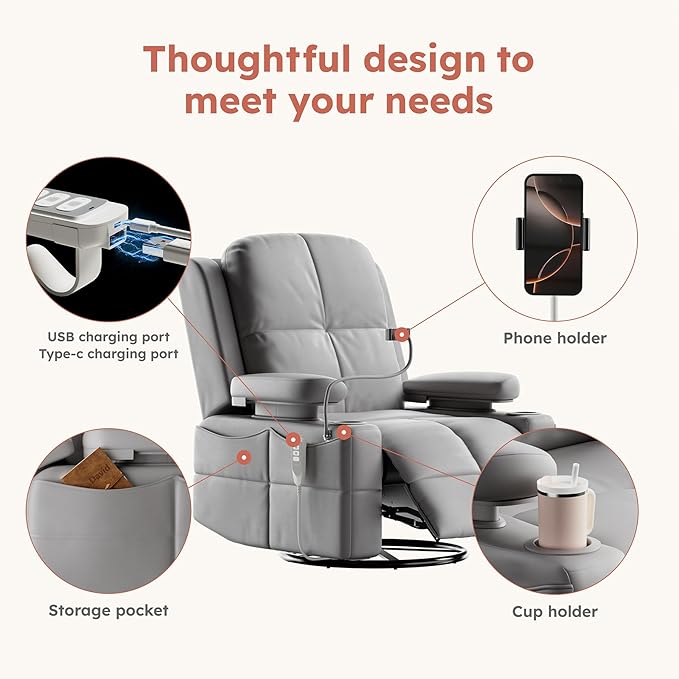 MAMAZING Triple Motor Power Swivel Rocker Recliner Chair with Adjustable Armrests for Adults, FSC Certified Faux Leather Rocking Chair Nursery for Breastfeeding, Dark Gray