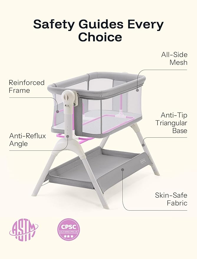 HARPPA Cuddly Baby Bassinet Bedside Sleeper, 3 in 1 Rocking Bassinet with Mattress and Soft Cover, Full Mesh Sides, 5 Height Adjustable with Wheels for Newborns, Grey