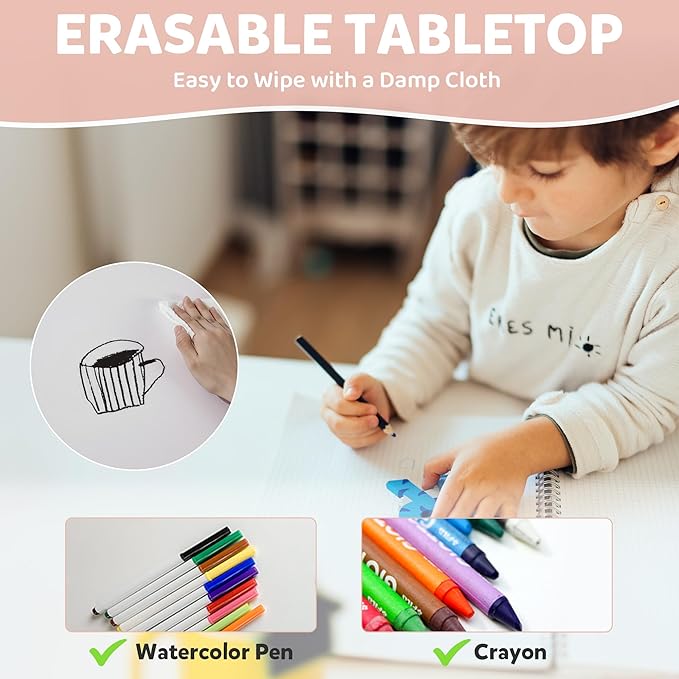 Adjustable Kids Table & Chairs Set for Ages 3-8 | 31.5"x23.6" Easy-Clean Activity Table | Meets ASTM/CPSC Standards for Daycare, Homeschool & Playroom (Pink, 4 Chairs)