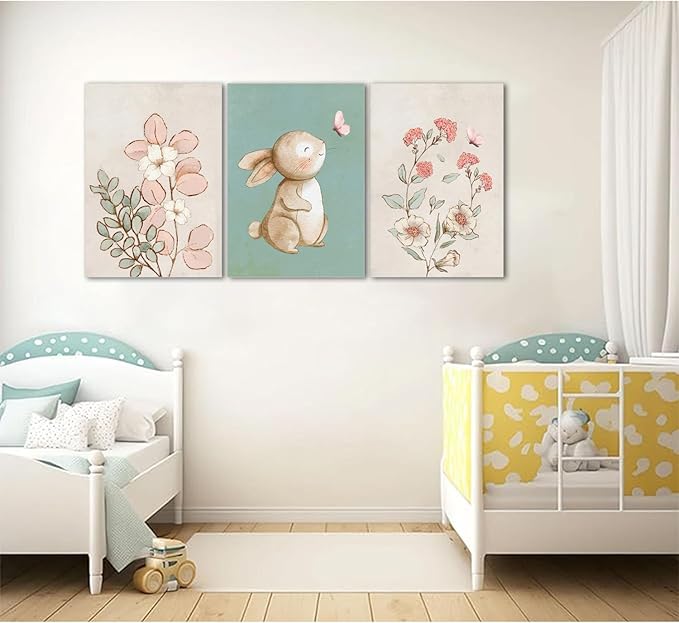 Dytila Framed Nursery Wall Art Set of 3, Pink Flower Botanical Pictures Wall Decor, Green Bunny Paintings, Cute Animal Canvas Prints for Girls and Boys Kids Room, Baby Room Decor 12x16 Inches