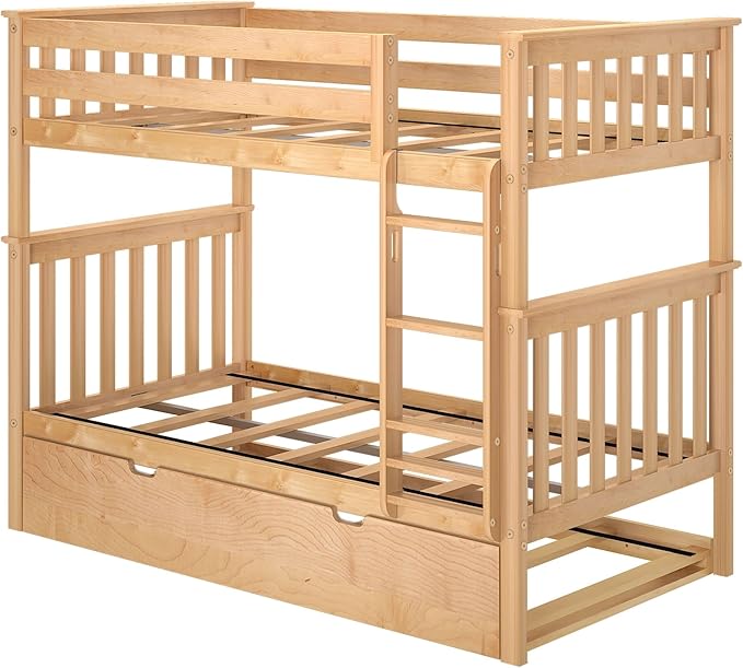 Max & Lily Bunk Bed, Twin-Over-Twin Wood Bed Frame For Kids With Trundle, Natural