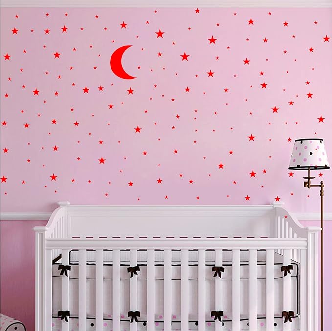 Moon and Stars Wall Decal Vinyl Sticker for Kids Boy Girls Baby Room Decoration Good Night Nursery Wall Decor Home House Bedroom Design YMX16 (Red)