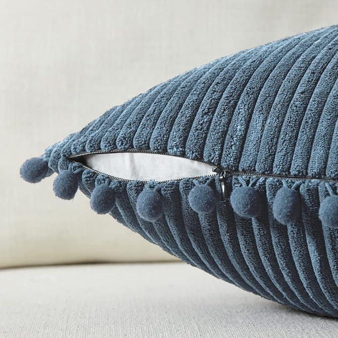 Fancy Homi Set of 2 Dusty Blue Decorative Throw Pillow Covers 14x14 Inch with Pom-poms for Couch Bed Sofa, Modern Farmhouse Boho Home Decor, Soft Plush Corduroy Cute Cushion Case 35x35 cm