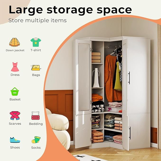 Corner Armoire Wardrobe Closet with Glass Door, Wood Wardrobe Closet Cabinet Bedroom Armoire with Hanging Rods for Home/Bedroom/Living Room White-53