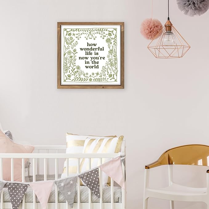 pechpell 11.8 Inch Nursery Wall Decor, Green Wooden How Wonderful Life Is Now You're In The World Sign, Boho Vintage Baby Girl Woodland Nursery Art Kids Room Playroom Table Shelf Decorations for Home