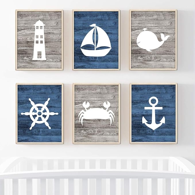Andaz Press Ocean Nautical Sailor Theme Nursery Kids Bedroom Hanging Wall Art Decor, 8.5x11-inch, Rustic Distressed Blue Wood, Anchor, Lighthouse, Whale, 6-Pack, Unframed Room Poster