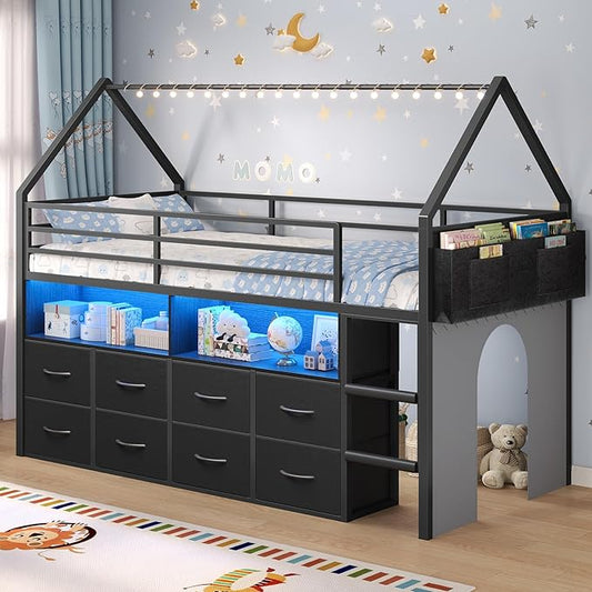 BTHFST Twin Size Loft Bed for Kids, 8 Storage Drawers & LED Lights, House Shaped Metal Bed with Bookcase, Soft Foam Ladder, 13.4" Safety Guardrail, Space Saving, Fun Curtain