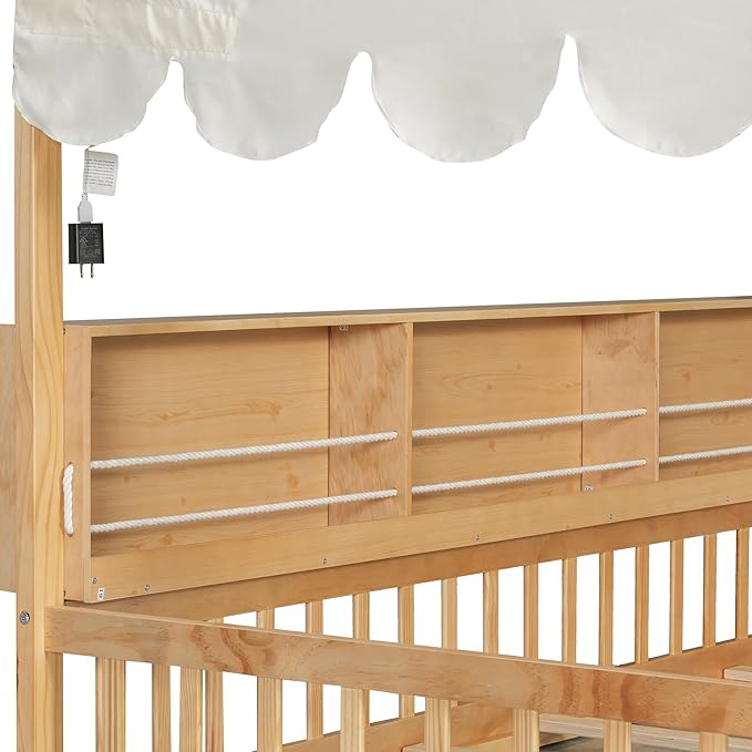 Merax Full Size Montessori Floor Bed for Kids Toddler, House Shaped Kids Full Bed Frame with Safety Guardrail, Curtain & Lights, Side Storage Bookshelves, Solid Wood Slats, Easy Assembly, Beign