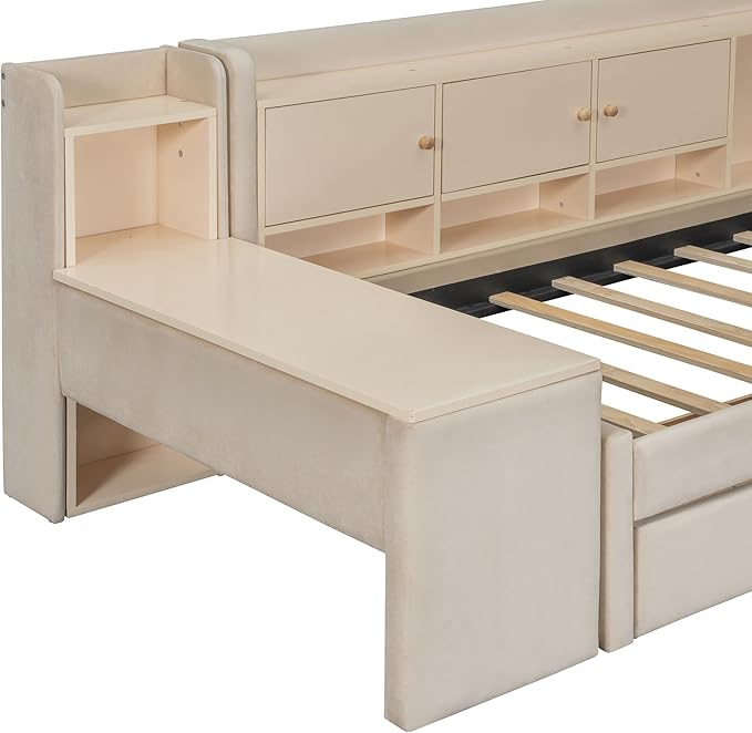 Twin Size Daybed with Desk, Storage Drawers and L-Shaped Bookshelf Headboard, Velvet Upholstered Soft Corner Bed with Flip Cabinets and Shelves for Kids Boys Girls, Beige