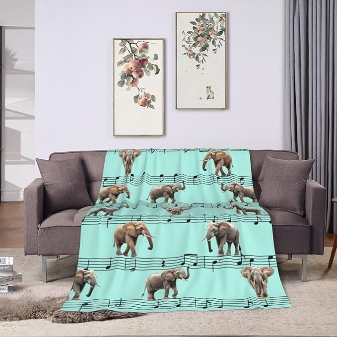 Elephant Blanket Musical Notes Decor Throw Blanket Super Soft Flannel Lightweight Fluffy Plush Fuzzy Fleece Blanket Gifts for Girl Woman Boys Kids Adults Man for Bed Sofa 40"X50"