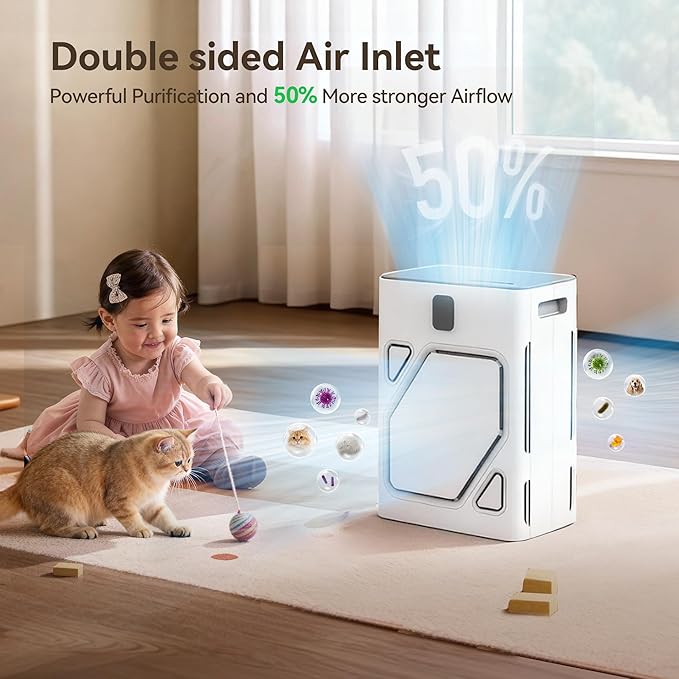 Meowant Pet Air Purifier for Home Large Room 2600ft², Double Air Intake HEPA Air Cleaner For Pet Hair Dander Odor Dust Smoke, Washable Pre-Filters, PM2.5 Air Quality Monitor, Auto Mode, White