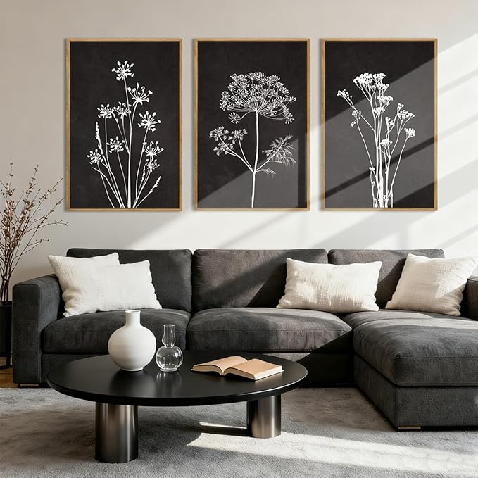 BINCUE Framed Botanical Wall Art Black Grey and White Plant Floral Print Canvas for Living Room Bedroom Office 3 Panel 16x24 Inches