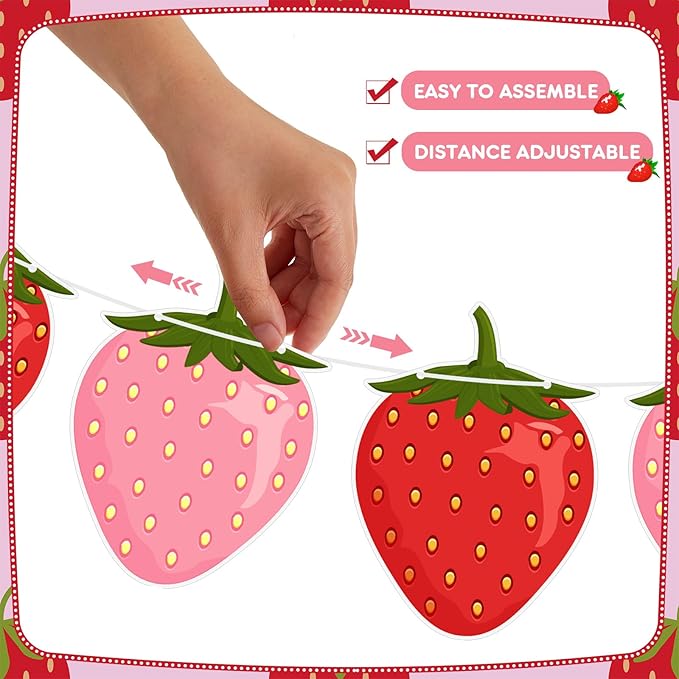 Lewtemi 4 Pcs Berry First Birthday Decor Strawberry Baby Shower Decorations Hanging Banner Berry Garland for Strawberry Themed Party Favors Supplies(Red, Pink)