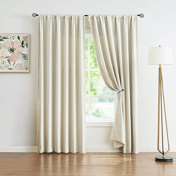 Treatmentex Pom Pom Curtains for Bedroom Windows 84 inch Energy Efficient Thermal Insulated Living Room Darkening Curtain Panels for Kitchen Nursery Room Ivory 52" w x2 Panels Rod Pocket