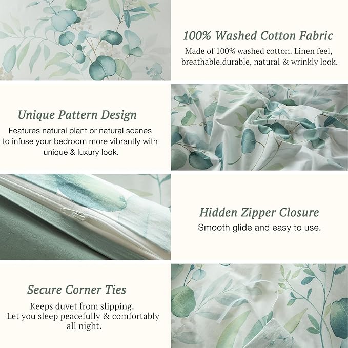 MILDLY Duvet Cover Leaf Pattern - 100% Washed Cotton Eucalyptus Printed Comforter Cover Sage Green Bedding Set with Zipper Closure 4 Ties Full Size