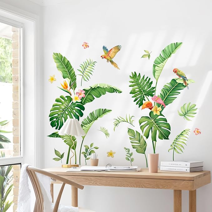 Tropical Plant Leaf Wall Decals, Palm Leaves Boho Spring Summer Green Tree Flower Birds Nature Monstera Wall Stickers Art Decor for Living Room Office Nursery Classroom Gifts for Mom