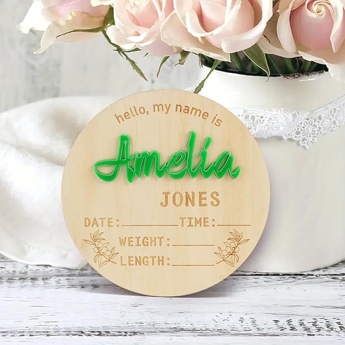 Personalized Baby Announcement Sign Custom Birth Newborn Announcement Sign for Hospital Wooden Baby Name & Footprint Sign Photo Prop Shower Gift (Circle)