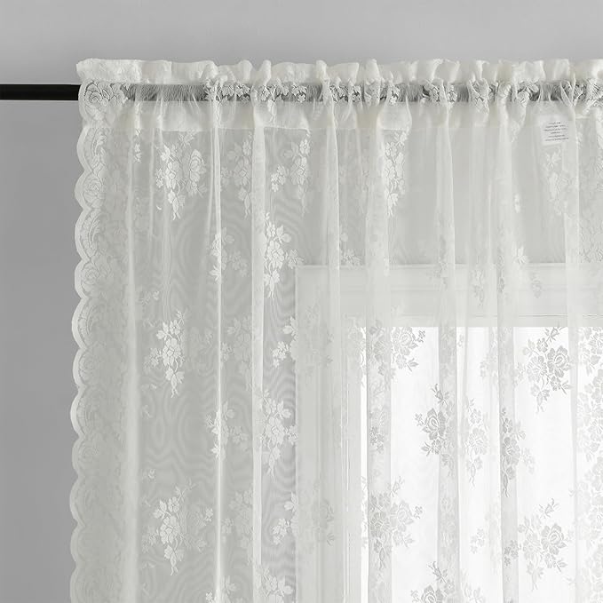 Kotile Ivory Lace Curtains 72 Inches Long 2 Panels, Country Rustic Floral Design Sheer Lace Curtains for Living Room, Rod Pocket Privacy Window Lace Curtain Panels, 42 x 72 Inch Each, Ivory