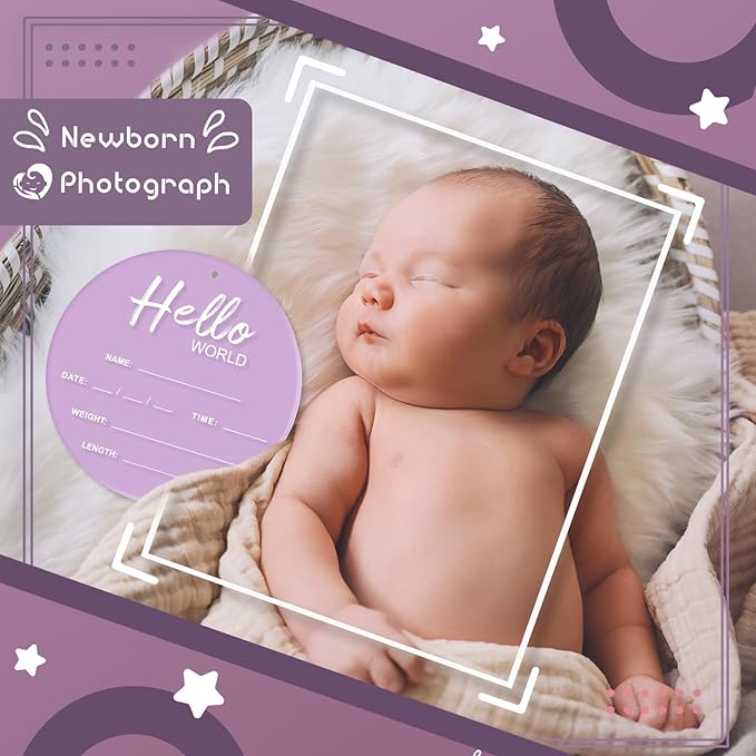 Baby Announcement Sign, 6.7 Inch Hello World Newborn Sign, Thickness Upgrade Birth Announcement Sign for Hospital, Nursery Baby Shower (Purple)