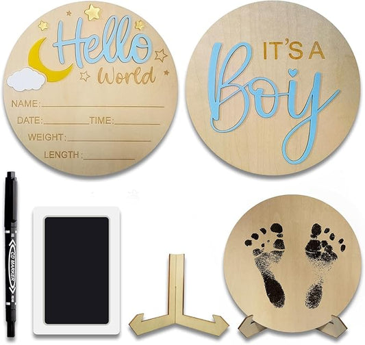 2Pcs Baby Announcement Sign Set, 5.9 Inch Hello World Newborn Sign and IT’S A Boy Welcome Signs, Baby Name Sign with Ink Pad for Hand & Footprints, 3D Wooden Birth Gifts for Hospital Shower Nursery