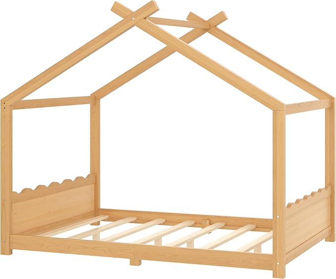 Full Size Wooden House Floor Bed - Kids Bed Frame with Roof & Support Slats for Bedroom, No Box Spring Needed, Easy Assembly (Natural)