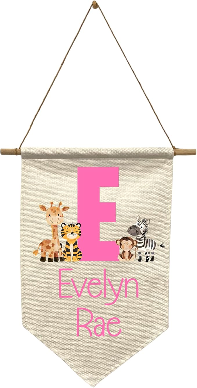 Custom Nursery Wall Hanging with Name – Personalized Zoo Aminal Banner with Initial- Kids Room Decor – Sign for Nursery, Bedroom, or Playroom