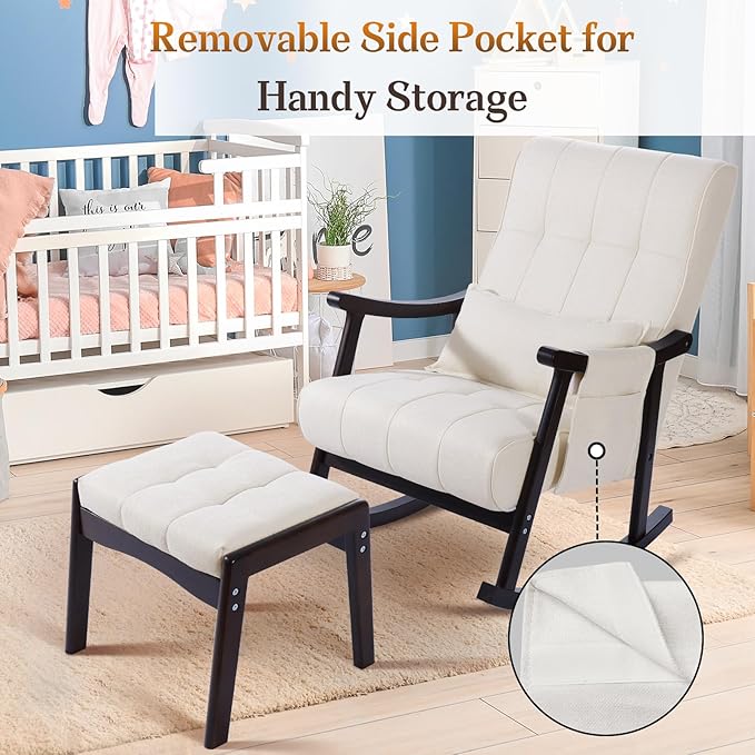NOBLEMOOD Rocking Chair Indoor with Ottoman, Nursery Rocking Chair with Lumbar Pillow, High Back Upholstered Solid Wood Frame Rocker for Living Room