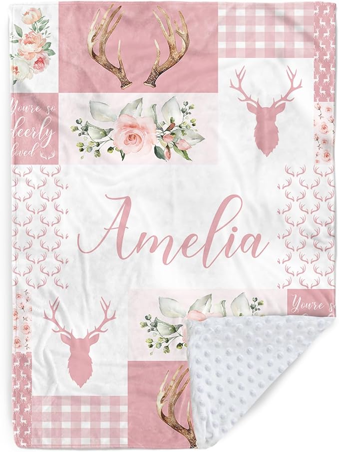 Personalized Baby Blanket with Name, Custom Pink Woodland Deer Blanket for Kids, Soft Flannel Bed Throw Blanket Swaddle for Newborn, Customizable Baby Gift & Nursery Blanket(60" x80)