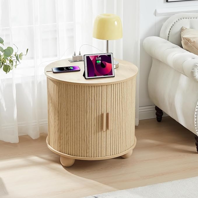 AVZEAR Fluted Round End Table with Charging Station, Farmhouse 24" Large Sofa Side Table with Sliding Door & Storage, Mid-Century Modern Wood Nightstands for Living Room, Bedroom, Natural
