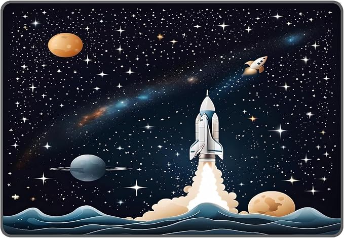5' x 7' Space Rocket Rug for Kids Bedroom Black Stars Rugs Galaxy Carpet Planet Printed Throw Rugs for Boys Teens Living Room,150x210cm