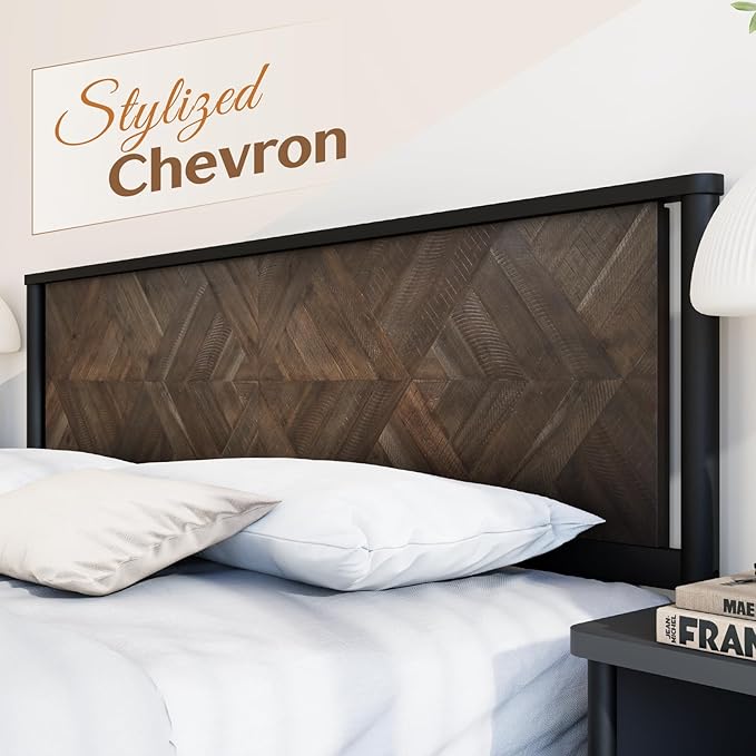 Lenia 14 Inch Solid Wood Bed Frame with Headboard, Rustic Farmhouse King Platform Bed, Acacia Wood, No Box Spring Needed, Mocha Black, Queen Size (Lenia Collection)