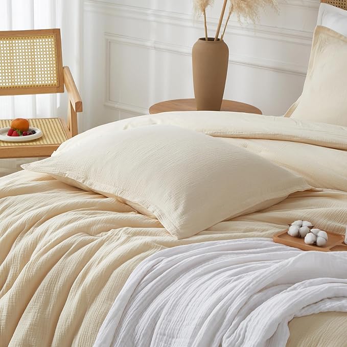 Muslin Comforter Set King Size, Cotton Cover & Polyester Filling, Breathable & Linen Like & Suitable for All-Season Use,3 Pieces(1 Comforter 104"x90", 2 Pillow Shams 20"x36"), Off White