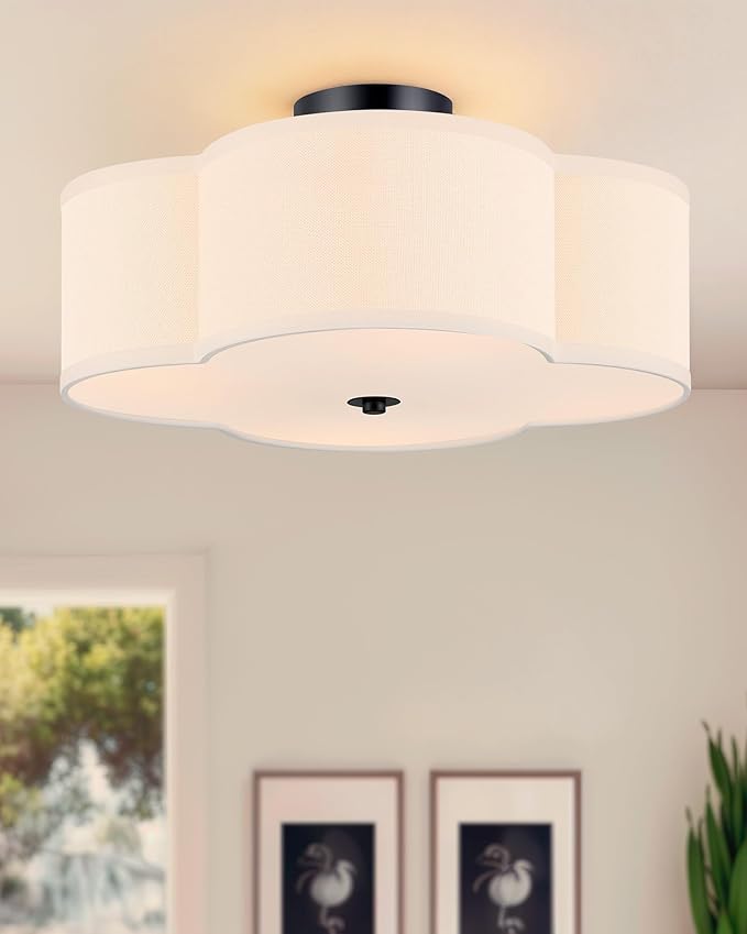 VONLUCE Semi-Flush Mount Ceiling Light, 15.8" Modern 4-Light Ceiling Light Fixture with White Clover-Shaped Shade 4 E26 Sockets for Bedroom Entryway Living Room, Black Finish, ETL Certificated