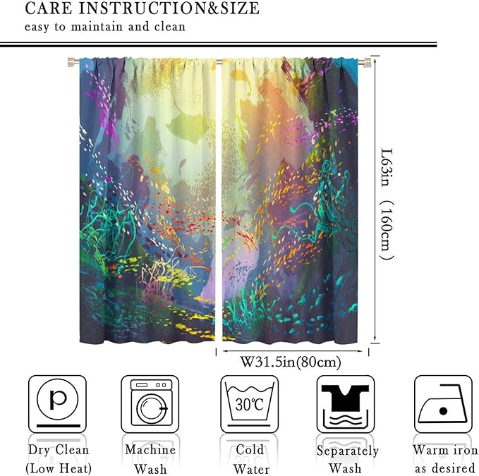 Ocean Blackout Curtain, Untouched Wild Underwater Aquatic World Corals Exotic Fishes Seascape Curtain for Living Room Cafe Set 2 Panels,63x63 Inches, Style-2