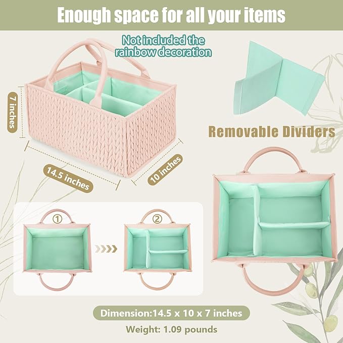 MOMINSIDE Diaper Caddy Organizer, Nursery Storage, Portable Changing Table Car Caddy - Girl Boy, Baby Registry, Newborn Essentials (Pale Pink)