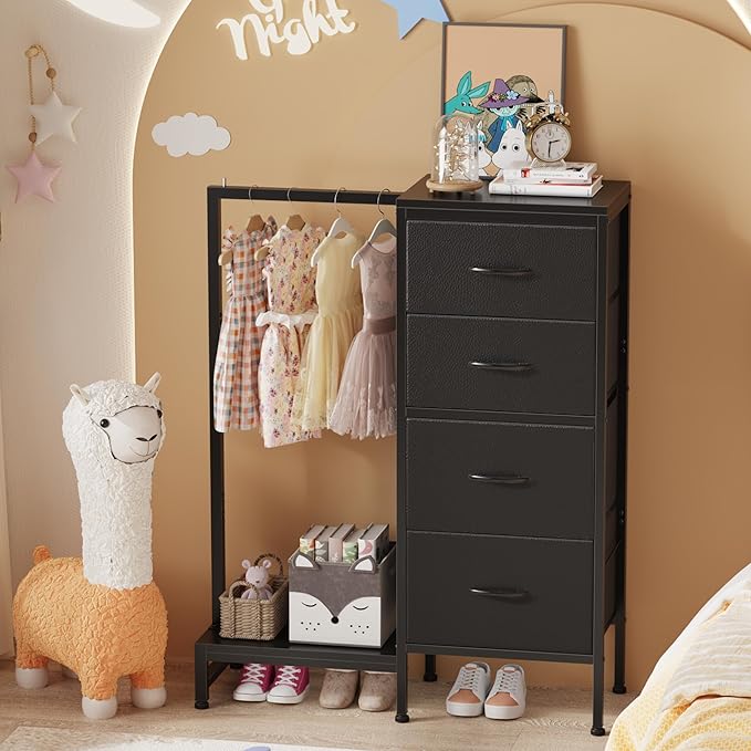 Dresser with Hanging Rack, 4 Drawers Small Closet for Bedroom, Reversible Fabric Kids Chest of Drawers with Clothes Rack, Tall Storage Tower, Sturdy Frame, Black, 44''H