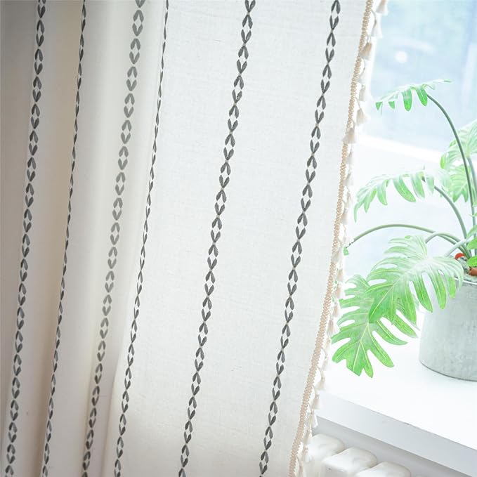 Deeprove Light Gray Boho Curtain 84 inches Long for Bedroom, Vintage Privacy Bohemian Embroidery Farmhouse Cotton Striped Linen French Country Tassel Window Treatments Decor, W52 x L84, 1 Panel