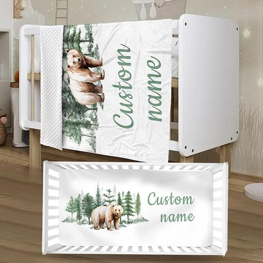 Personalized Crib Bedding Set for Boys Girls, Custom Baby Crib Sets with Name, Brown Bear Design Nursery Bedding 2 Piece - Soft Blanket with Double Layer Dotted Backing, Crib Fitted Sheet