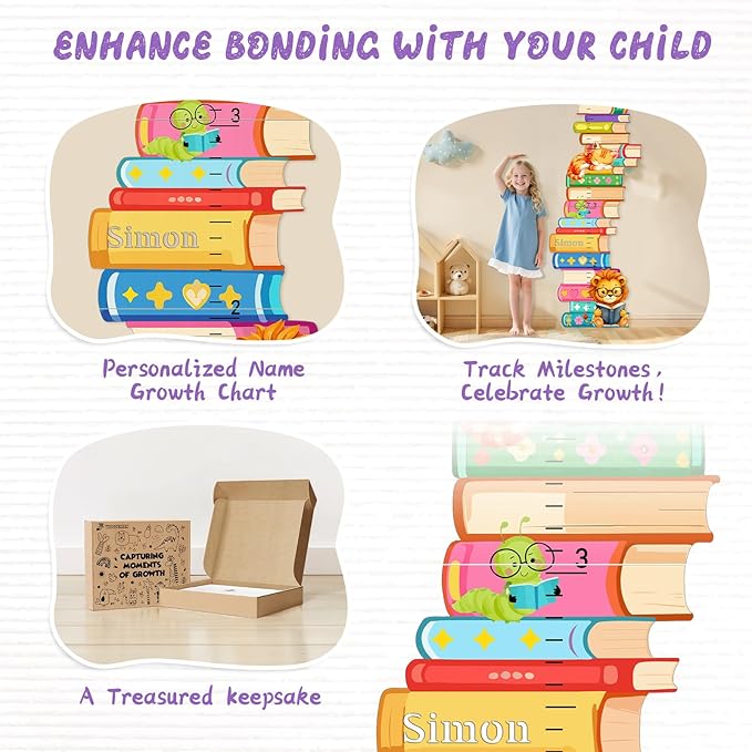 Personalized Name Wooden Growth Charts for Kids, Stacks of Book Height Measurement for Wall Girls Boys Teen Room Nursery Decor