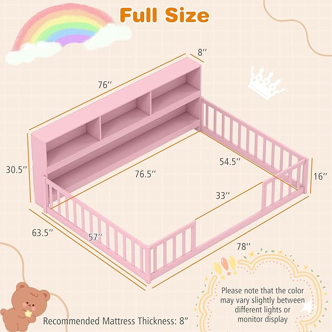 Giantex Full Size Floor Bed for Kids, Wooden Montessori Bed Frame with Bookcase, Storage Shelves & Safety Fence Rails, Floor Beds Full for Girls, Boys, No Box Spring Needed, Without Slats, Pink