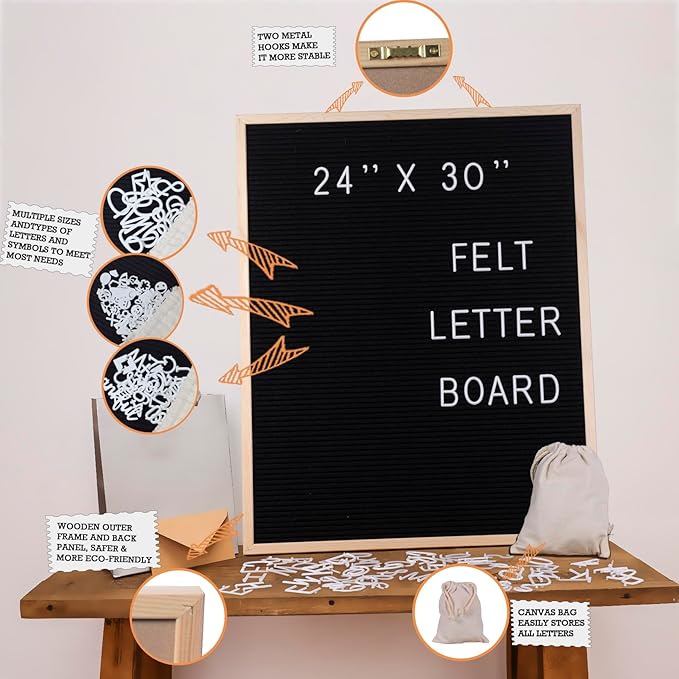 Large Felt Letter Board 24x30 Inch with 6 Sets of Letters Felt Message Board Wooden Frame Letter Board for Baby Announcements, Milestones, Wall Mount Menu & Office Decor