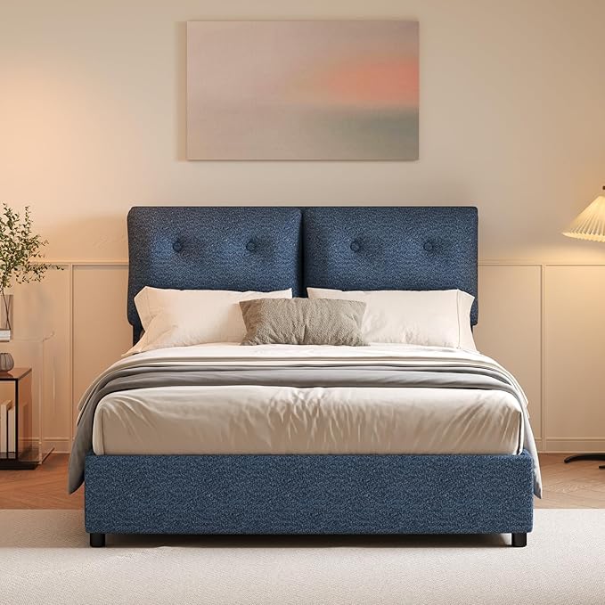 Queen Bed Frame with Headboard, Cloud Boucle Upholstered Bed Frame, Modern Soft Style, Adjustable Headboard, No Box Spring Needed, Easy Assembly, Blue