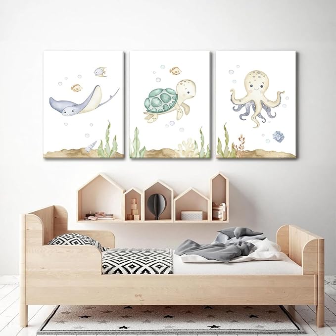 Wodkwq Ocean Nursery Decor, Set of 3, 12x16in Framed Canvas Prints, Under The Sea, Boys Room Sea Animal Wall Art, Nursery Wall Decor