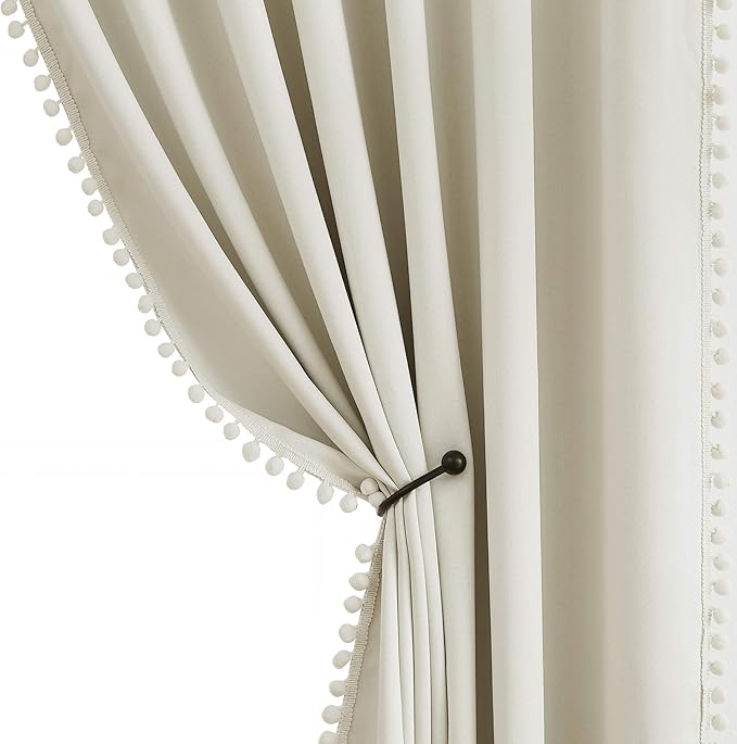 Treatmentex Pom Pom Curtains for Living Room 63 inch Natural Thermal Insulated Room Darkening Curtain Panels for Bedroom Window Drapes Nursery Kids Guest Room Hotel Ivory 52" w x2 Panels Rod Pocket