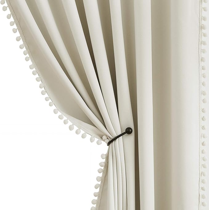 Treatmentex Pom Pom Curtains for Bedroom Windows 90 inch Energy Efficient Thermal Insulated Living Room Darkening Curtain Panels for Kitchen Nursery Room Ivory 52" w x2 Panels Rod Pocket