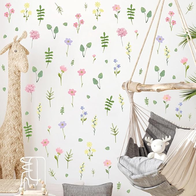Flower Floral Wall Decal Small Colorful Flower Wall Stickers Flowers Leaves Decals Wildflower Floral Leaf Sticker Cute Flower Leaf Decal for Nursery Girls Room Bedroom Decor