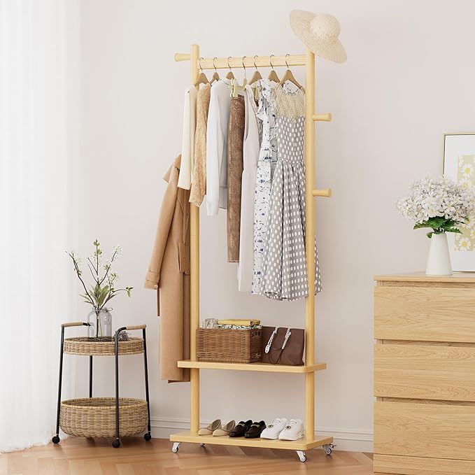 Coat Rack Freestanding Clothing Rack with Wheels & 2 Shelves Storage & 5 Hooks Heavy Duty Clothes Rack Wood Coat Tree Stand Hat Hanger Rack for Corner Bedroom Entryway Living Room Hotel Size L